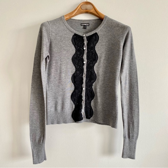 Express Grey & Black Lace Cardigan Sweater Size Small - Picture 1 of 6